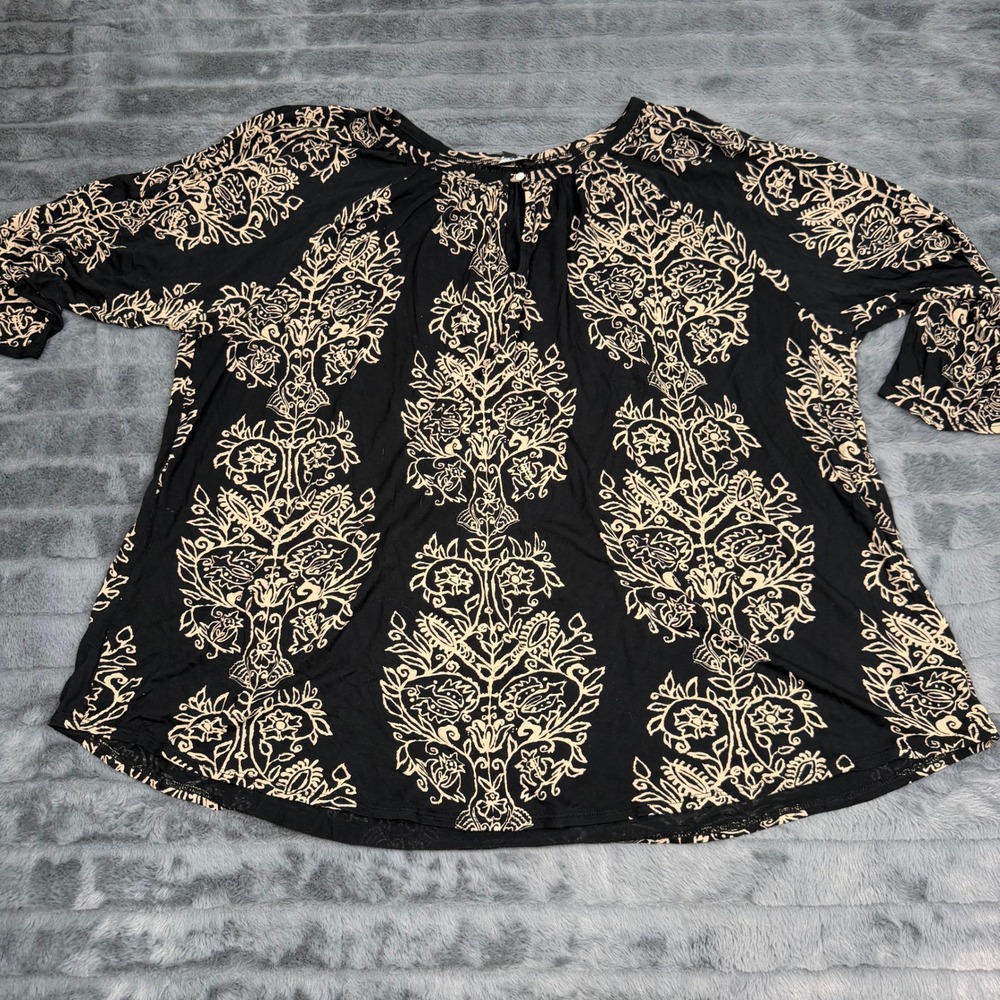 Lucky Brand Women 3X Black Tan Damask Floral Medallion Viscose Peasant Blouse